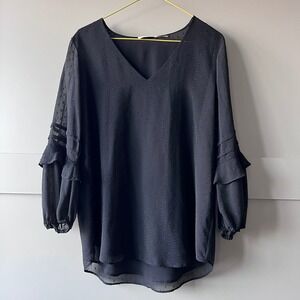 Calvin Klein Women Black Swiss Dot V Neck Long Sleeve Ruffle Blouse‎ Top Medium